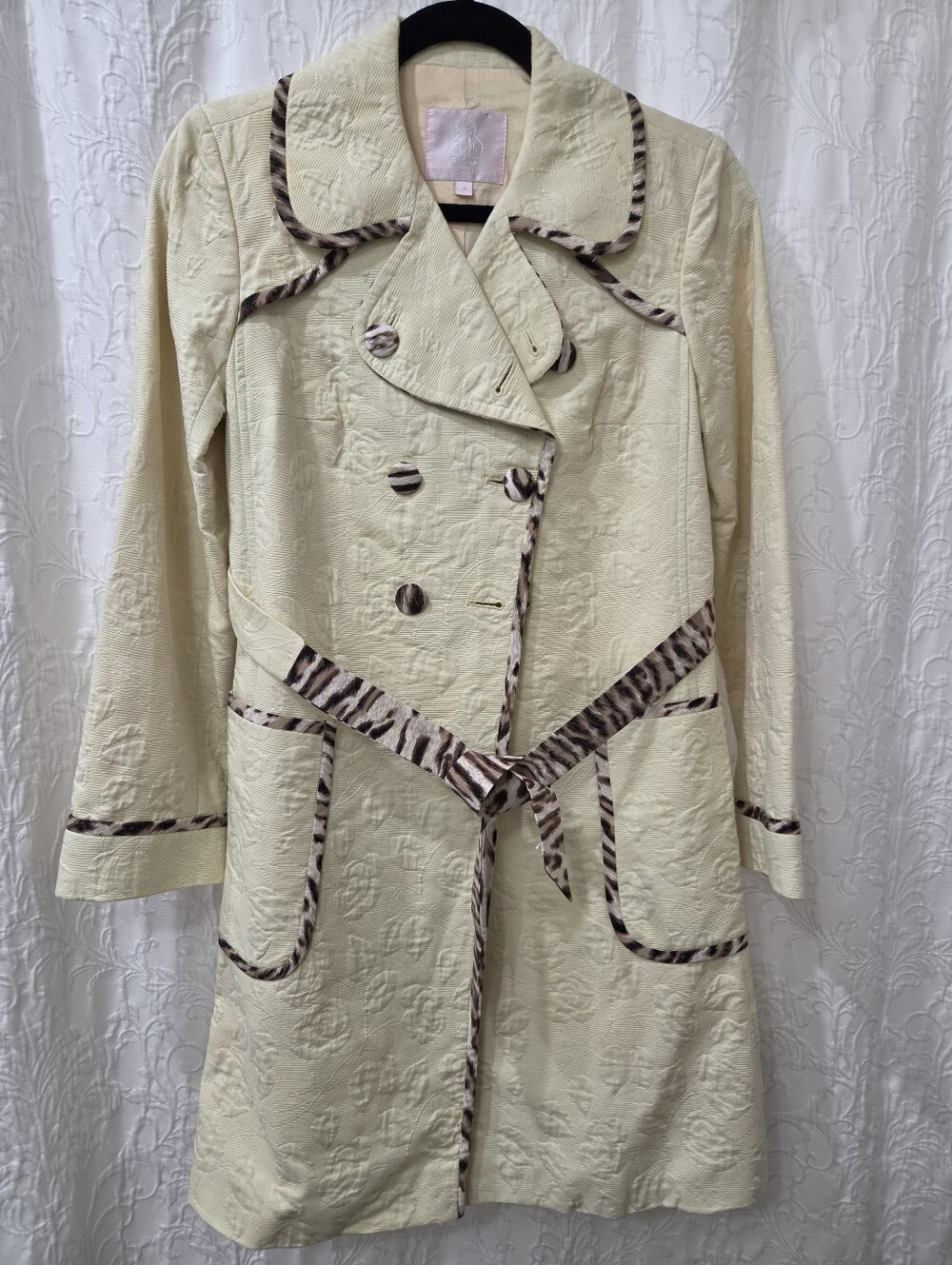 Butter Yellow Floral Jacquard Animal Print Belted Trench Jacket Y2K